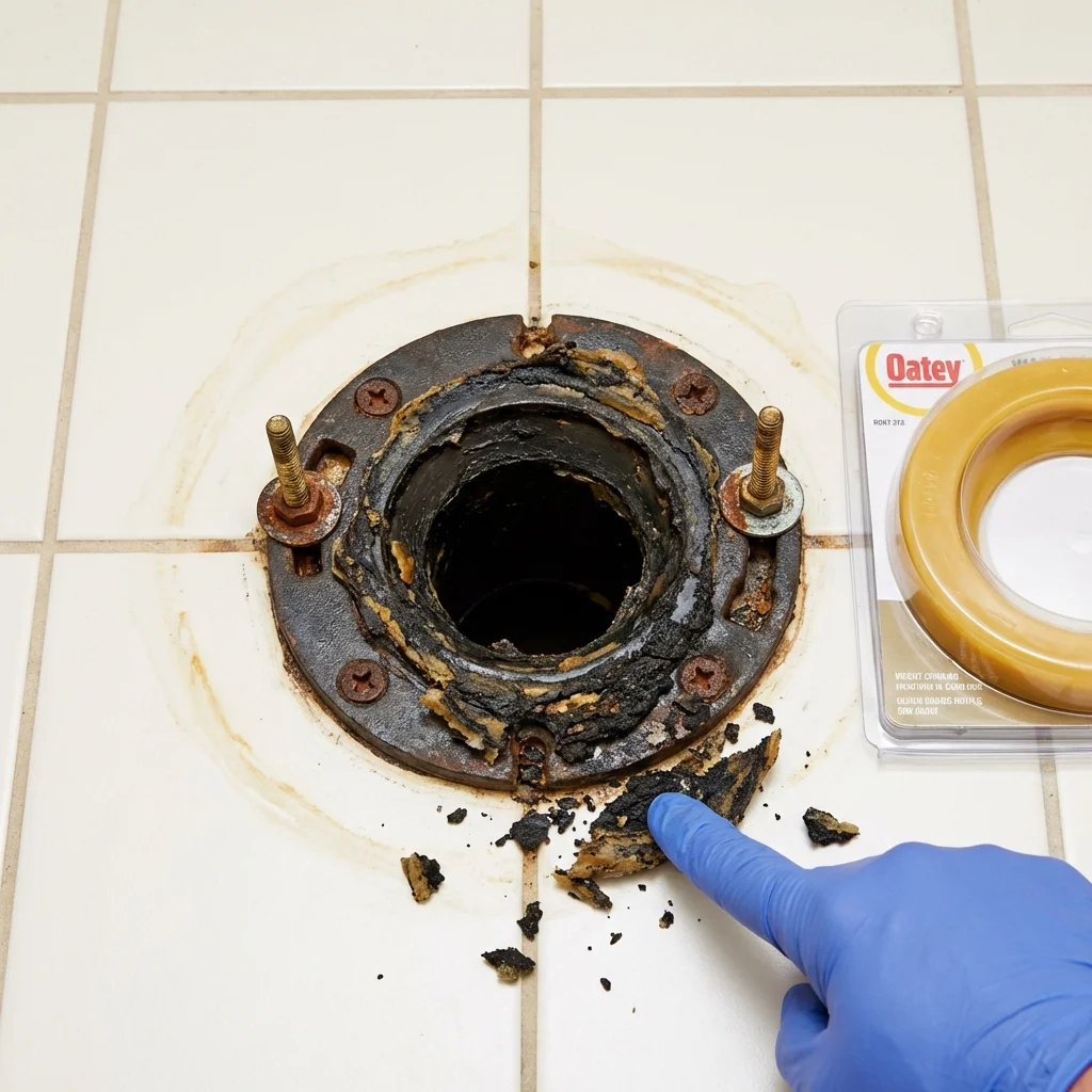 Failed wax ring showing water seepage at the base of a toilet in a Milford, IL home