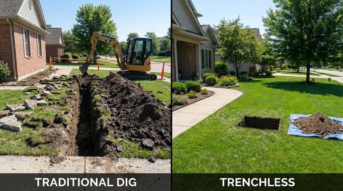 Trenchless sewer repair with minimal yard damage versus traditional excavation in Milford, IL