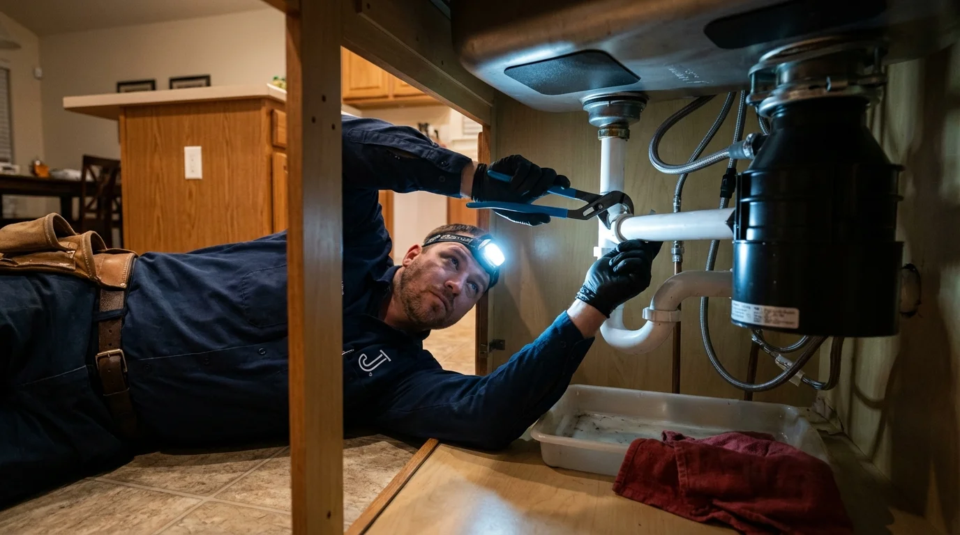 P-trap and supply line connections under a kitchen sink showing a common leak point in Milford, IL